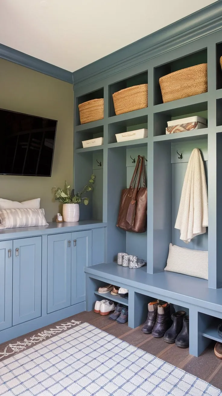Maximize space and organization with a stylish mudroom-office combo featuring built-ins, a drop zone, and clever storage solutions
