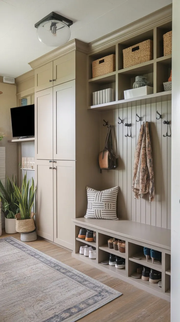 A compact yet functional mudroom office blends organization and comfort with built-ins, a drop zone, and a relaxing workspace.