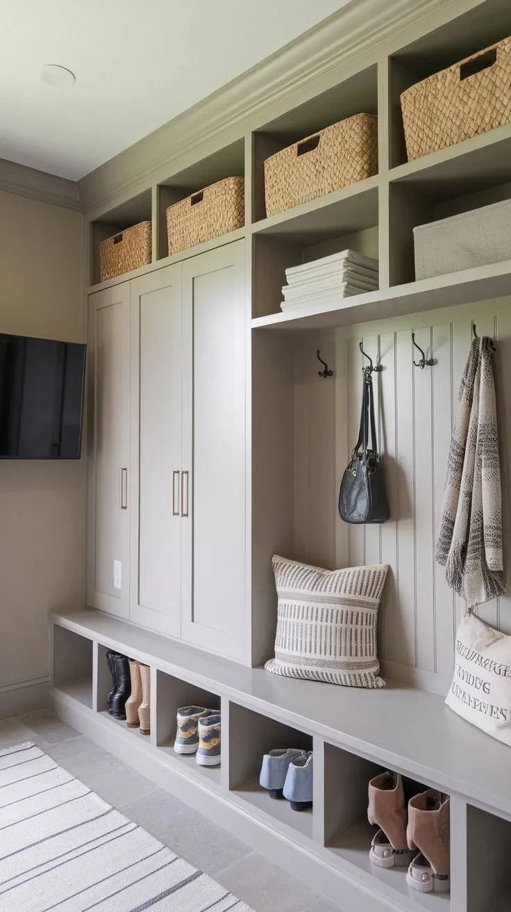 Maximize space and functionality with a stylish mudroom-office combo featuring built-in storage, a drop zone, and a TV