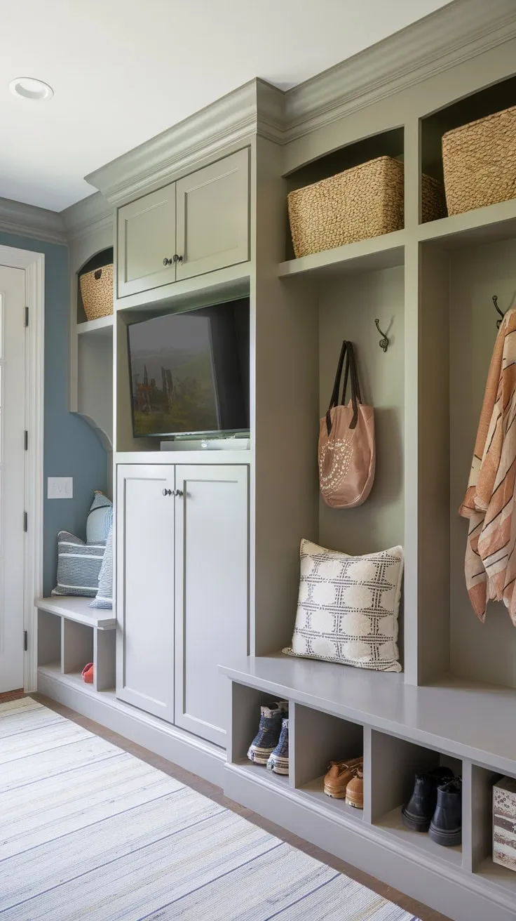 A functional and aesthetically pleasing mudroom office blend seamlessly integrates work and entryway needs with built-ins, a TV, and ample storage.