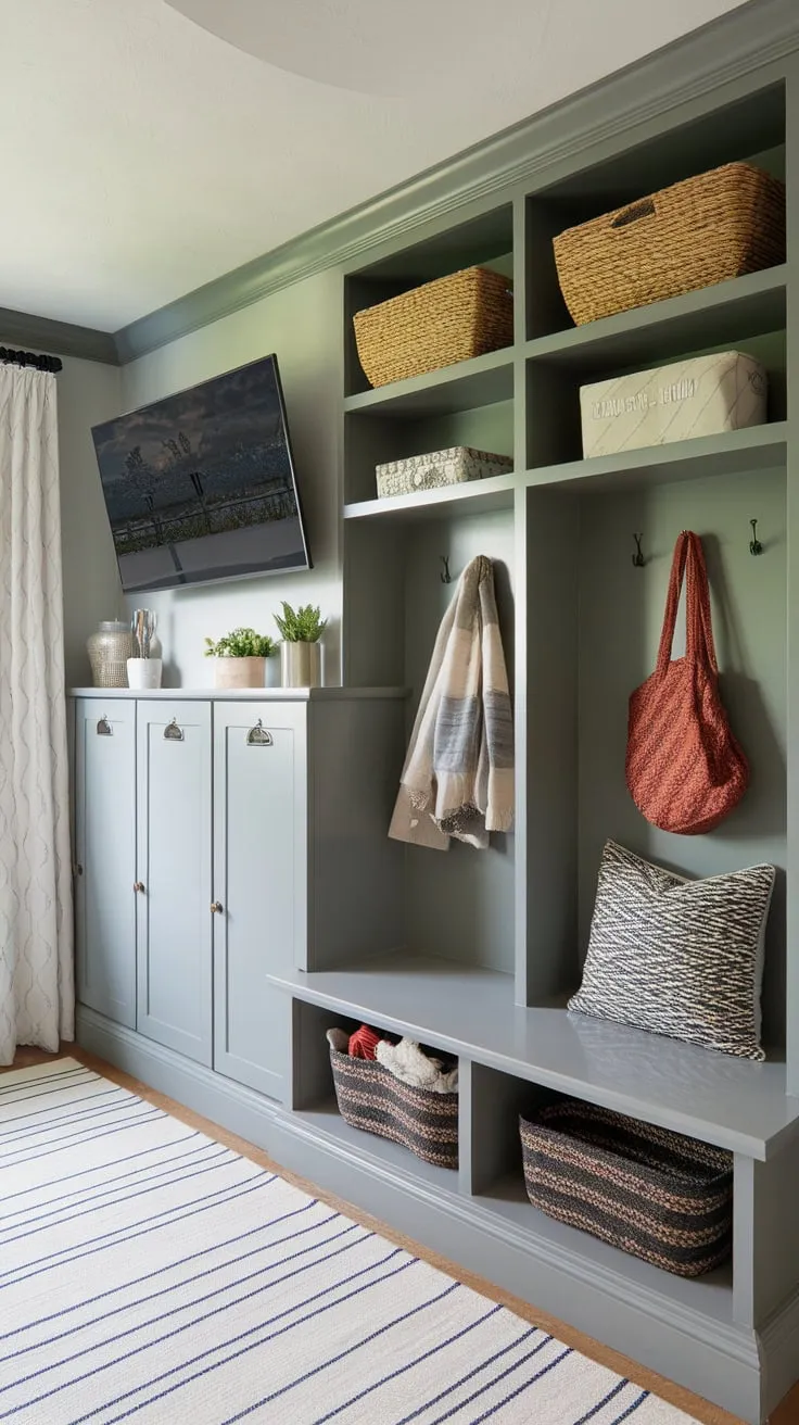 Maximize space and organization with a stylish mudroom-office combo featuring built-in shelves, a bench, lockers, and a TV