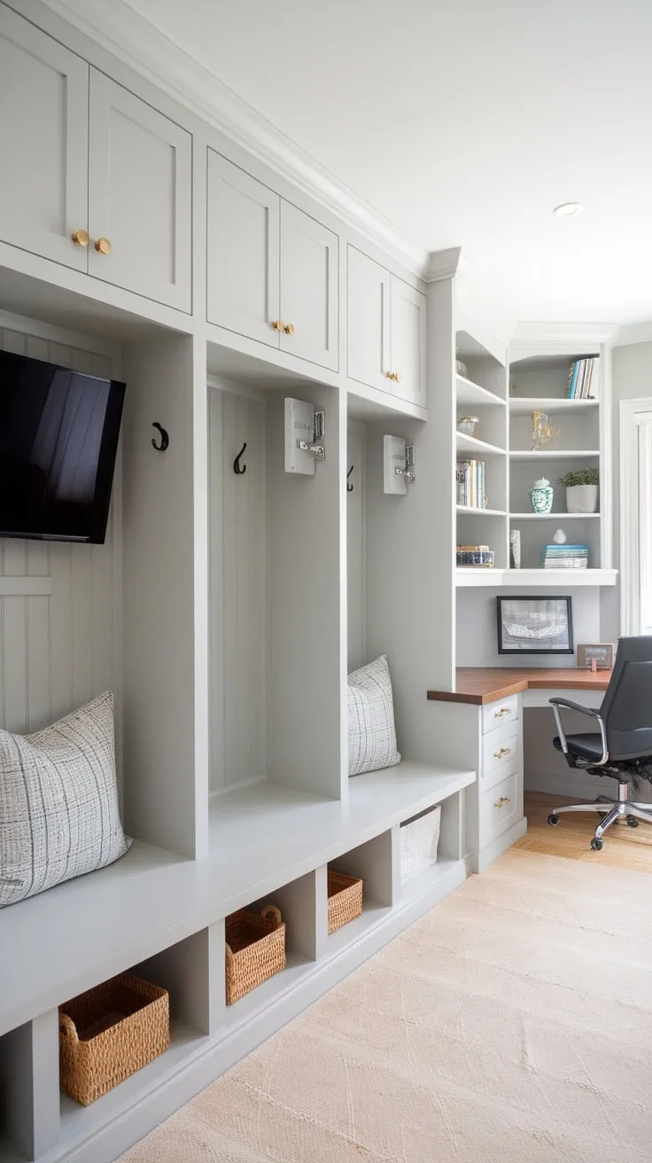 A light grey and white mudroom seamlessly integrates a functional office space, boasting built-in storage, a drop zone, and a comfortable workspace.