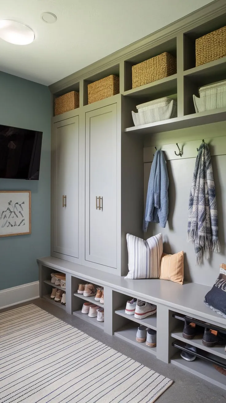 Maximize small space with a mudroom-office combo featuring built-in storage, a drop zone, and a TV for ultimate functionality and style