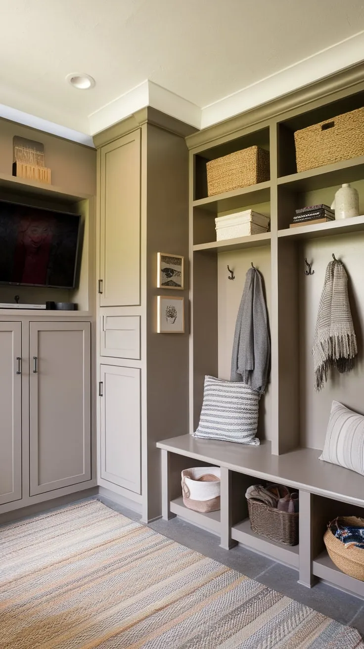 A beige-walled mudroom office combo boasts built-in cubbies, a bench, drop zone, and locker, complemented by a TV, rug, lamp, and basket for ultimate organization and functionality