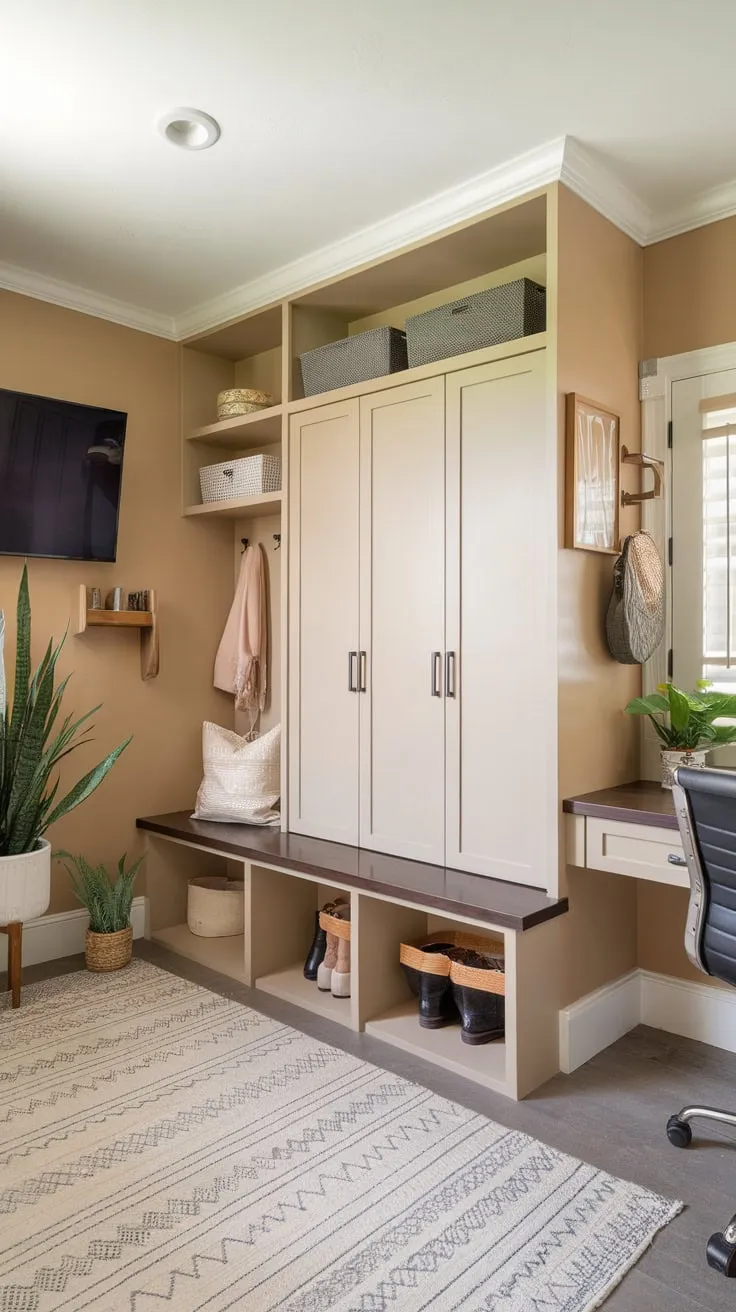 A beige-walled mudroom seamlessly integrates a functional office space, complete with built-in storage, a drop zone, and a desk—all enhanced by a TV and welcoming plants