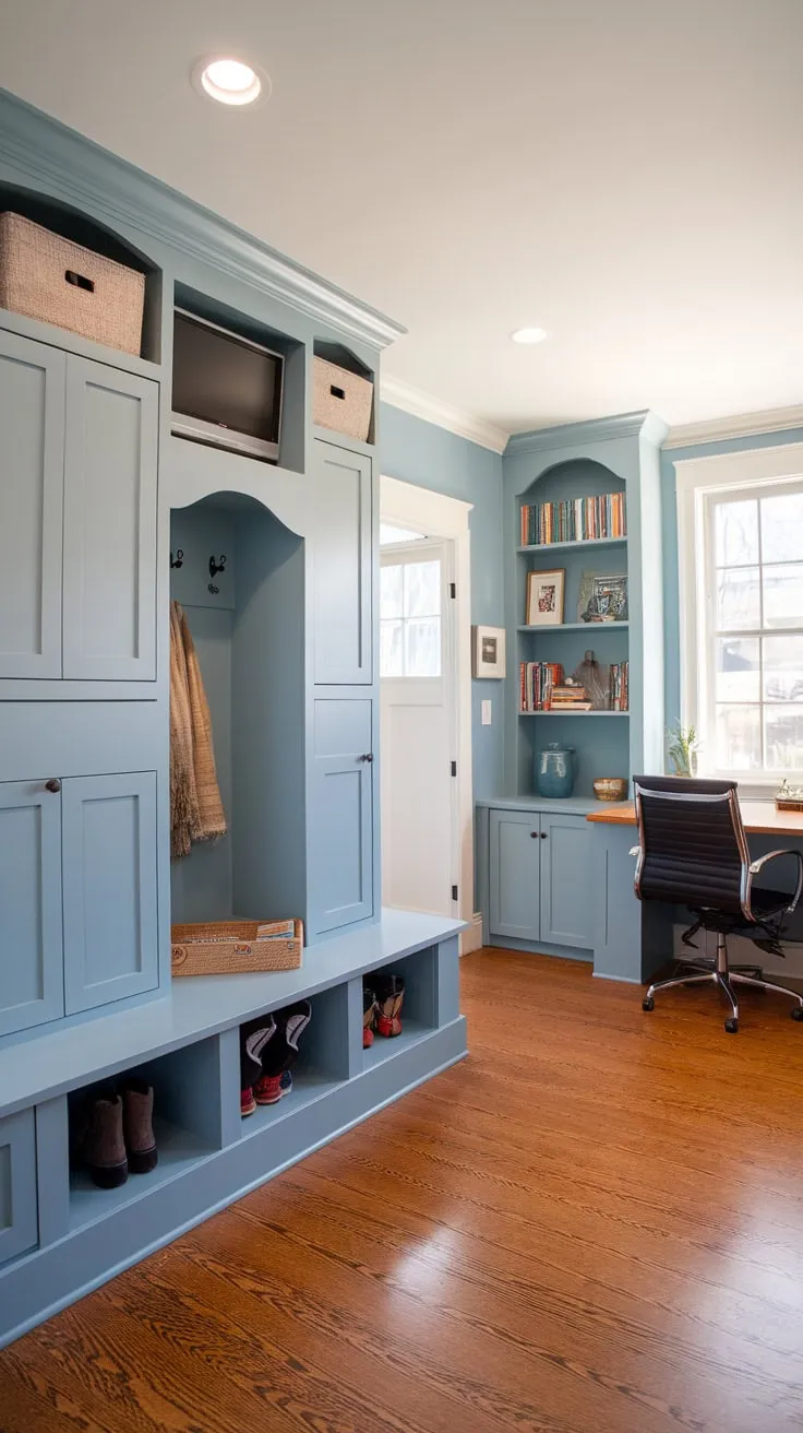 A stylish mudroom office combo boasts ample storage, a dedicated workspace, and a cheerful light-blue palette, all within a sunlit hardwood-floored room.