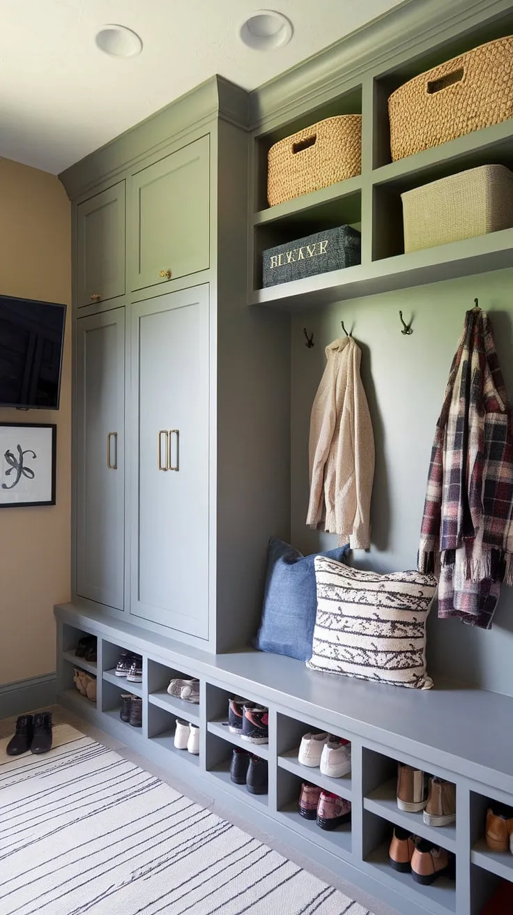 This mudroom with TV redefines the concept of multi-functional design.  The ingenious mudroom office combo layout features smart built-ins for mudroom storage, including a practical drop zone with doors and a comfy bench.  Cubbies and small mudroom locker ideas keep everything organized, while the carefully chosen mudroom wall color and overall mudroom storage ideas create a sophisticated and efficient space.  It's the perfect blend of mudroom essentials and a productive home office.