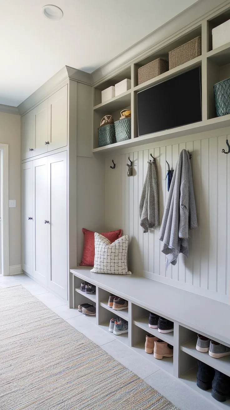 The ultimate mudroom with TV?  This mudroom office combo layout proves it's possible!  Clever mudroom storage ideas, like the built-ins for mudroom featuring a mudroom with cubbies and bench, and a drop zone with doors, maximize space.  Small mudroom locker ideas add extra organization, while the light grey mudroom wall color creates a serene atmosphere.  Mudroom essentials are neatly tucked away, leaving you with a stylish and functional space. This mudroom interior design is a masterclass in efficient organization.