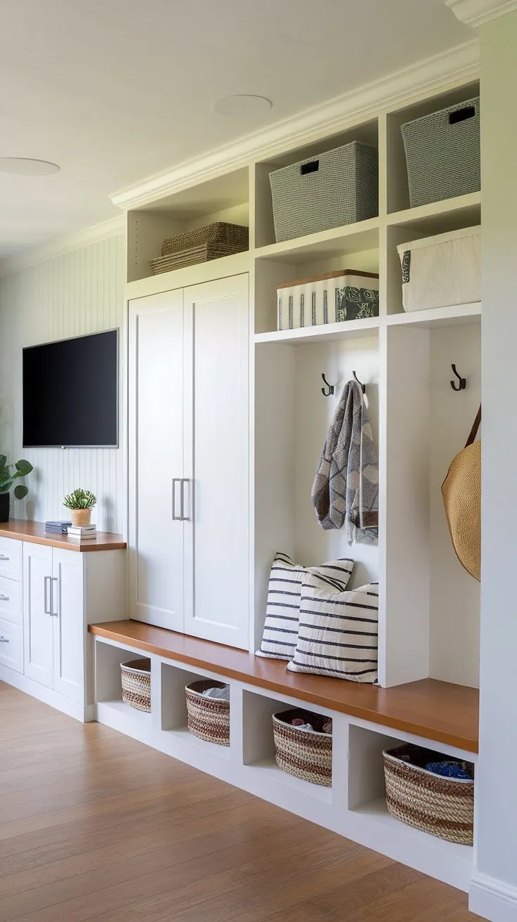 Organized chaos?  This mudroom office combo layout proves it's possible!  Built-ins for mudroom storage, a drop zone with doors, cubbies and a bench, and even small mudroom locker ideas maximize space. The light mudroom wall color and hardwood floors create a bright and welcoming atmosphere, while the mudroom with TV adds a touch of unexpected luxury.  This mudroom interior design incorporates all the mudroom essentials, making it the ultimate blend of functionality and style.