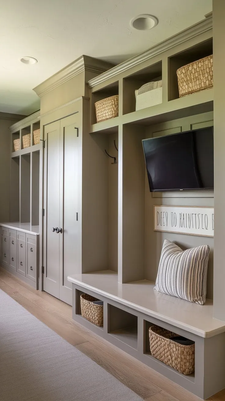The perfect blend of practicality and comfort: this mudroom with TV boasts a clever mudroom office combo layout.  Smart mudroom storage ideas, like the drop zone with doors and built-ins for mudroom organization, keep things tidy. A comfy bench and cubbies add to the inviting feel, while the mudroom with cubbies and bench provides a functional space for the whole family.  Consider this your inspiration for mudroom interior design and small mudroom locker ideas – a true testament to efficient mudroom essentials.