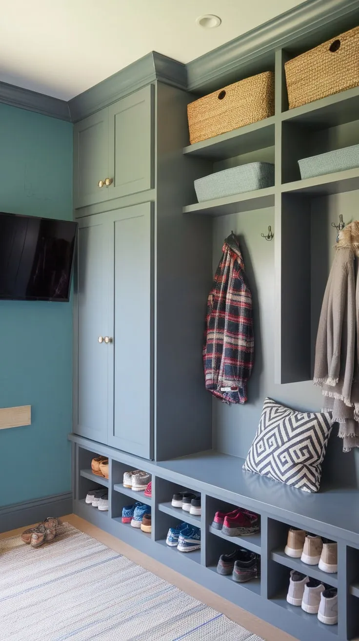 A stylish and practical mudroom office blends storage, organization, and a TV into a compact yet efficient design.