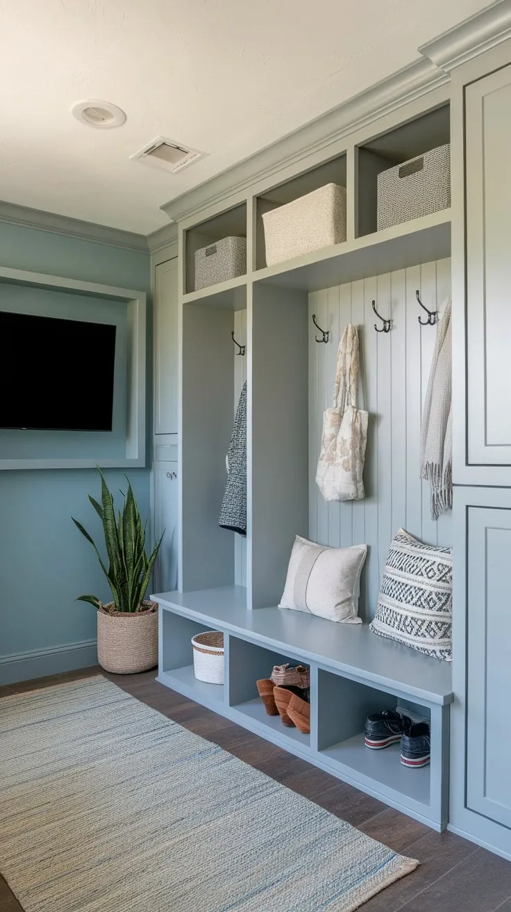 A light blue mudroom seamlessly integrates a home office, built-in TV, and ample storage with cubbies, bench, locker, and drop zone