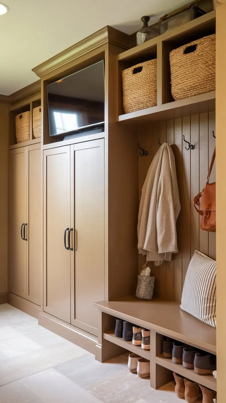 A stylish and practical mudroom office blend seamlessly integrates work and organization with built-in storage, a cozy bench, and a convenient TV.