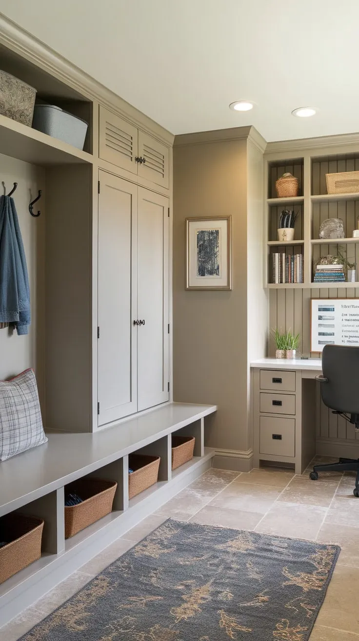 Maximize small space with a stylish mudroom-office combo featuring built-in bench, cubbies, desk, and TV, creating a practical and organized workspace.