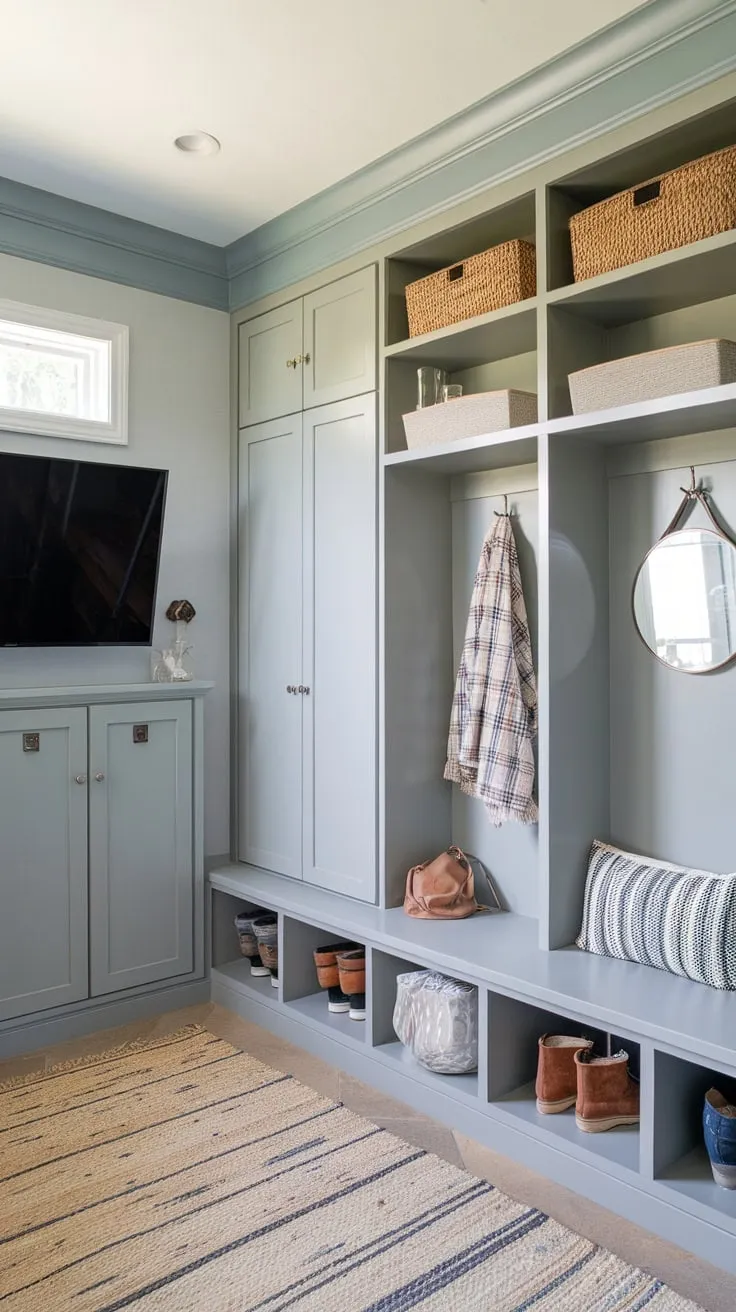 A stylish and functional mudroom office combo boasts built-ins, a TV, and ample storage, creating a productive yet welcoming space.