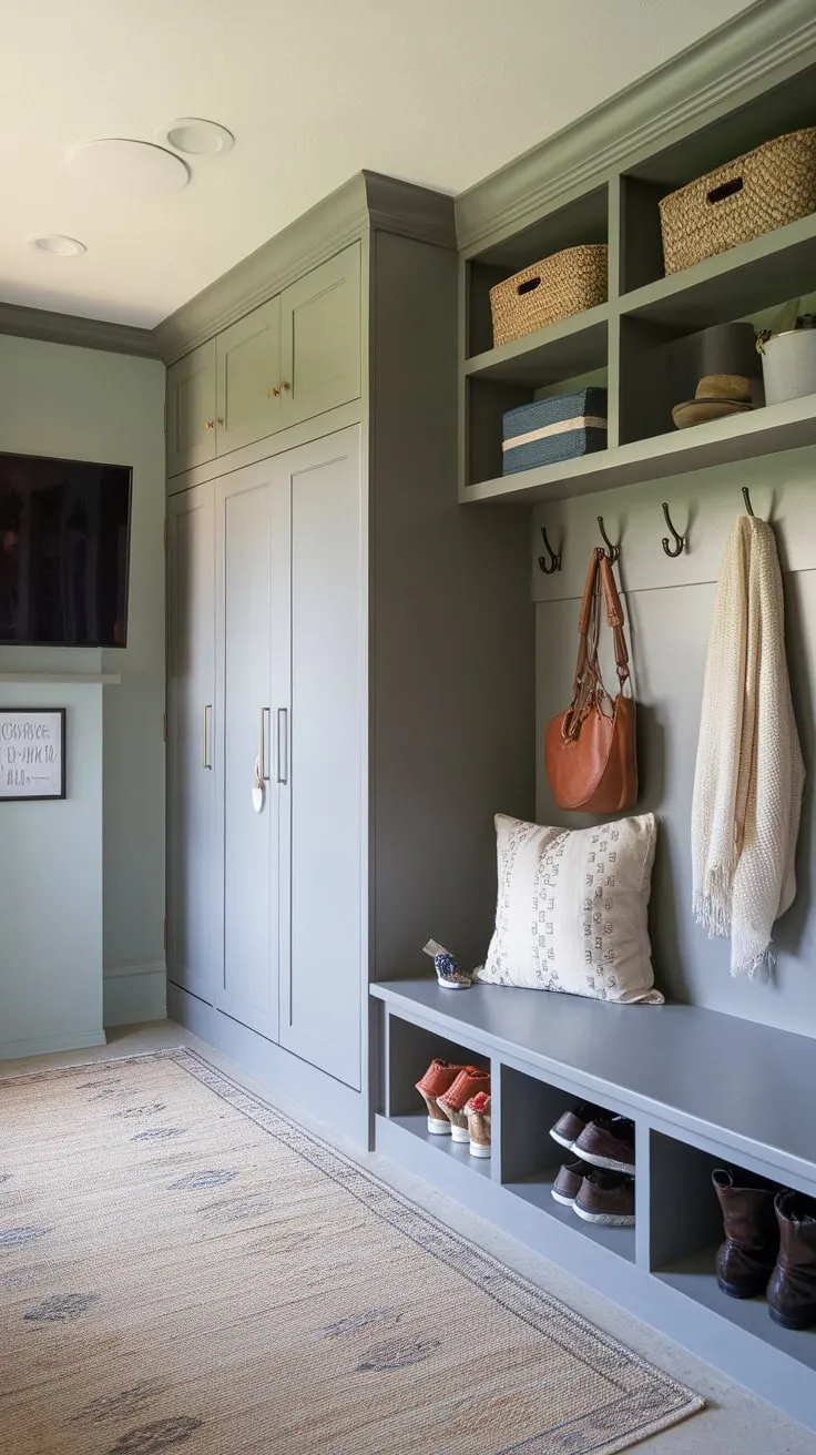 A cleverly designed mudroom office blends practical storage, a relaxing TV area, and dedicated workspace, creating a highly efficient and inviting home zone.