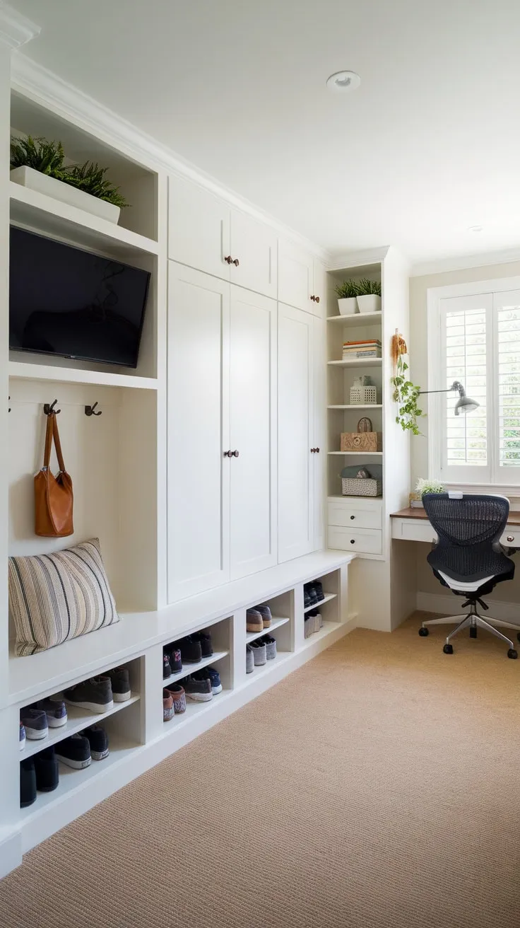 White walls and beige carpet create a serene workspace and mudroom, complete with built-ins, a desk, and TV for ultimate convenience.