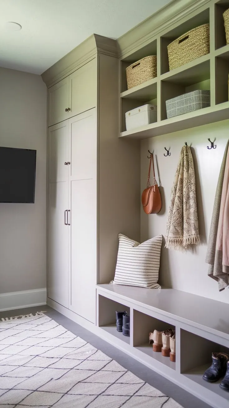 Maximize space and organization with a stylish mudroom office combo boasting built-ins, a TV, and a calming neutral palette.