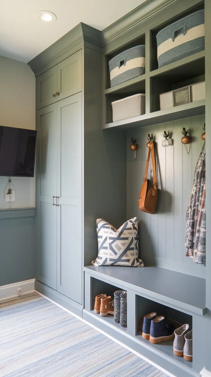 Maximize space and organization with a stylish mudroom-office combo featuring built-ins, a drop zone, and even a TV