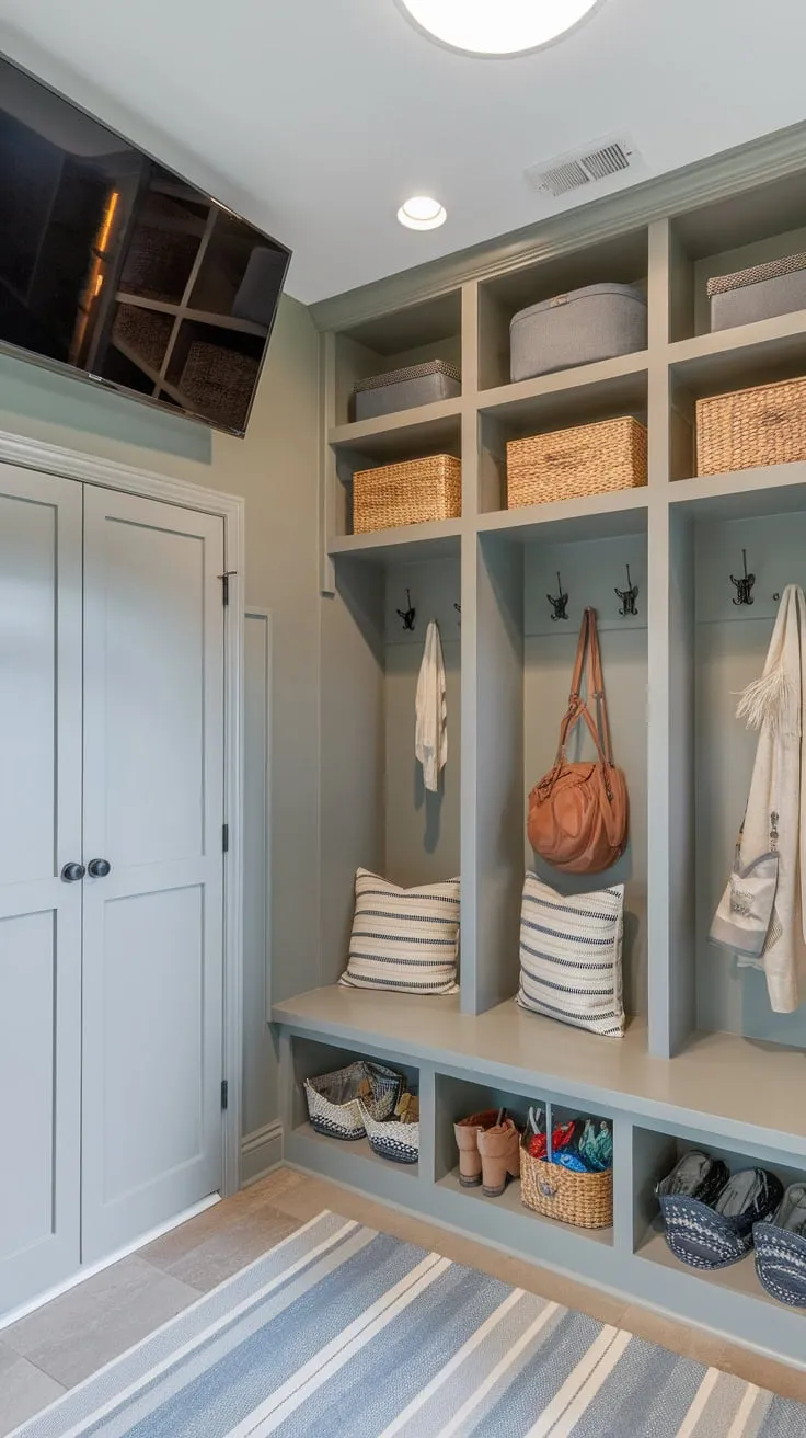 Blend functionality and style in a cleverly designed mudroom office, complete with storage, a workspace, and entertainment.