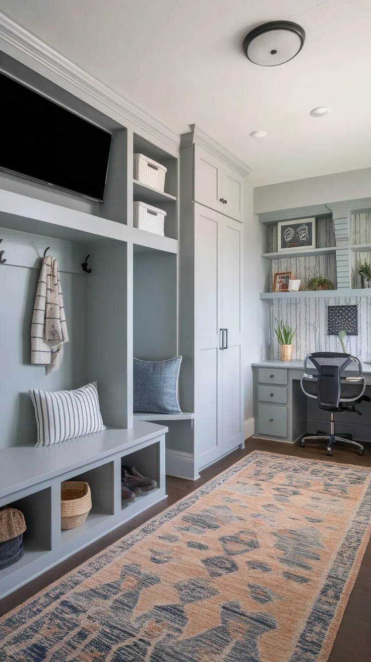 Maximize space and functionality with a stylish mudroom-office combo featuring built-in storage, a workspace, and a cozy atmosphere