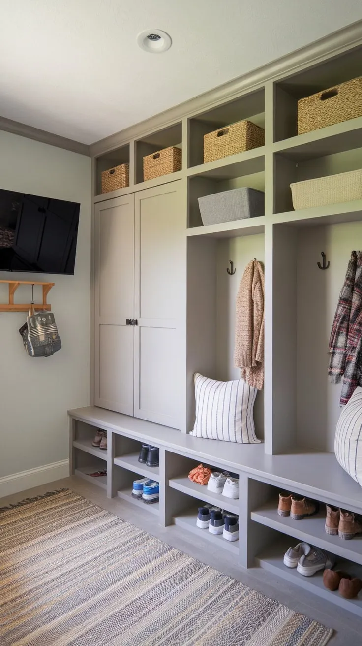 A stylish light grey mudroom office combines practical storage solutions like lockers, hooks, and shelves with a comfortable bench and TV area for a functional and aesthetically pleasing space.