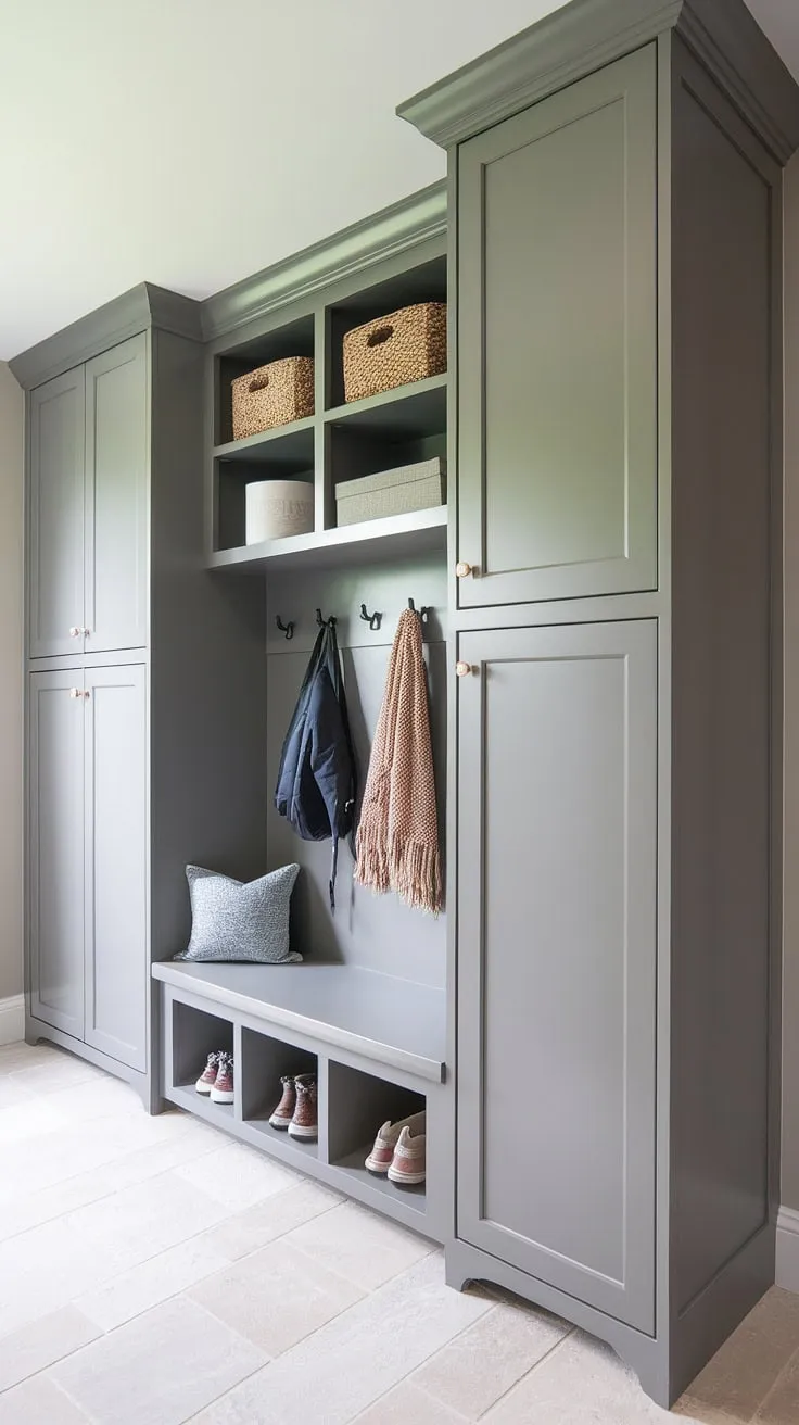 Organized chaos?  This mudroom pantry combo boasts ample storage with a convenient drop zone, mudroom bench, and a mix of closet cabinets, small mudroom cabinets, and a tall mudroom cabinet for ultimate functionality.  The clever mudroom design and mudroom lockers keep everything in its place.