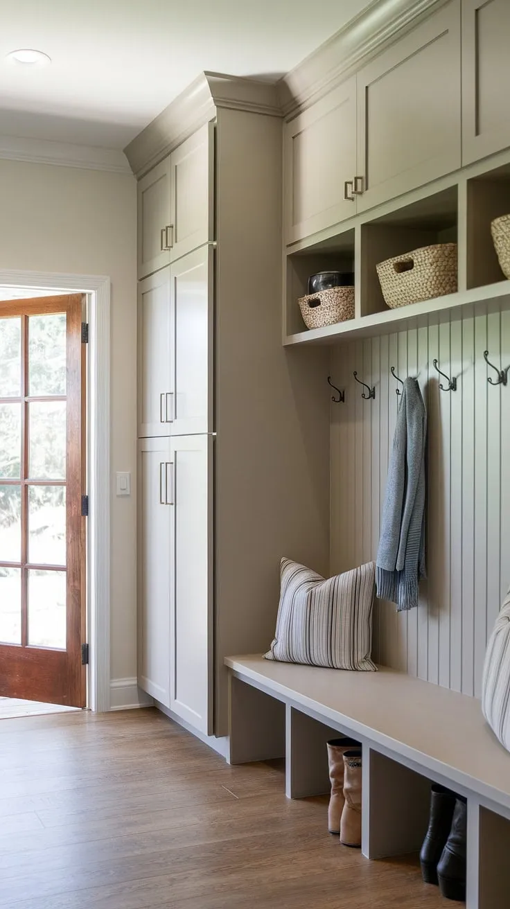 Dreamy mudroom design achieved! This mudroom with bench seamlessly integrates a pantry, offering ample mudroom storage.  The mudroom lockers and closet cabinets provide dedicated spaces for coats and shoes, while the strategically placed drop zone keeps clutter at bay.  The small mudroom cabinets and tall mudroom cabinet are a testament to efficient mudroom design.