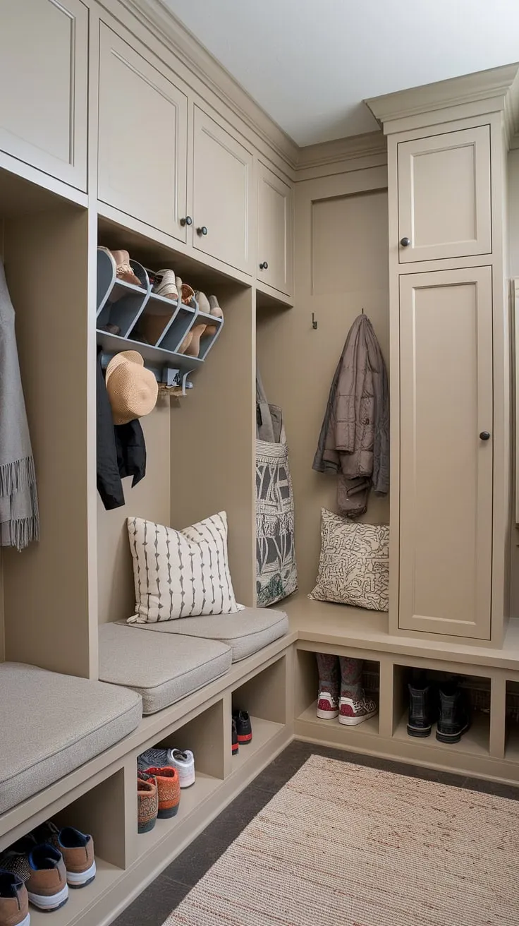 Organized chaos?  This mudroom pantry combo boasts ample mudroom storage, from the cozy mudroom bench with its built-in shoe organizer to the practical mudroom lockers and small mudroom cabinets.  The clever mudroom design maximizes space, creating a designated drop zone and utilizing a tall mudroom cabinet for extra storage.  A mudroom with bench this functional is the ultimate dream.
