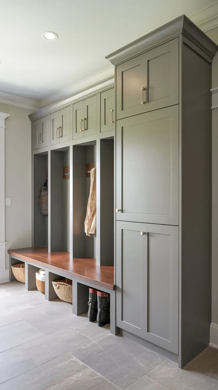 Organized chaos?  This mudroom pantry combo boasts ample mudroom storage, including a practical mudroom bench with storage, mudroom lockers, a designated drop zone, and clever small mudroom cabinets above. The tall mudroom cabinet adds extra space, showcasing a mudroom design that's both stylish and functional.
