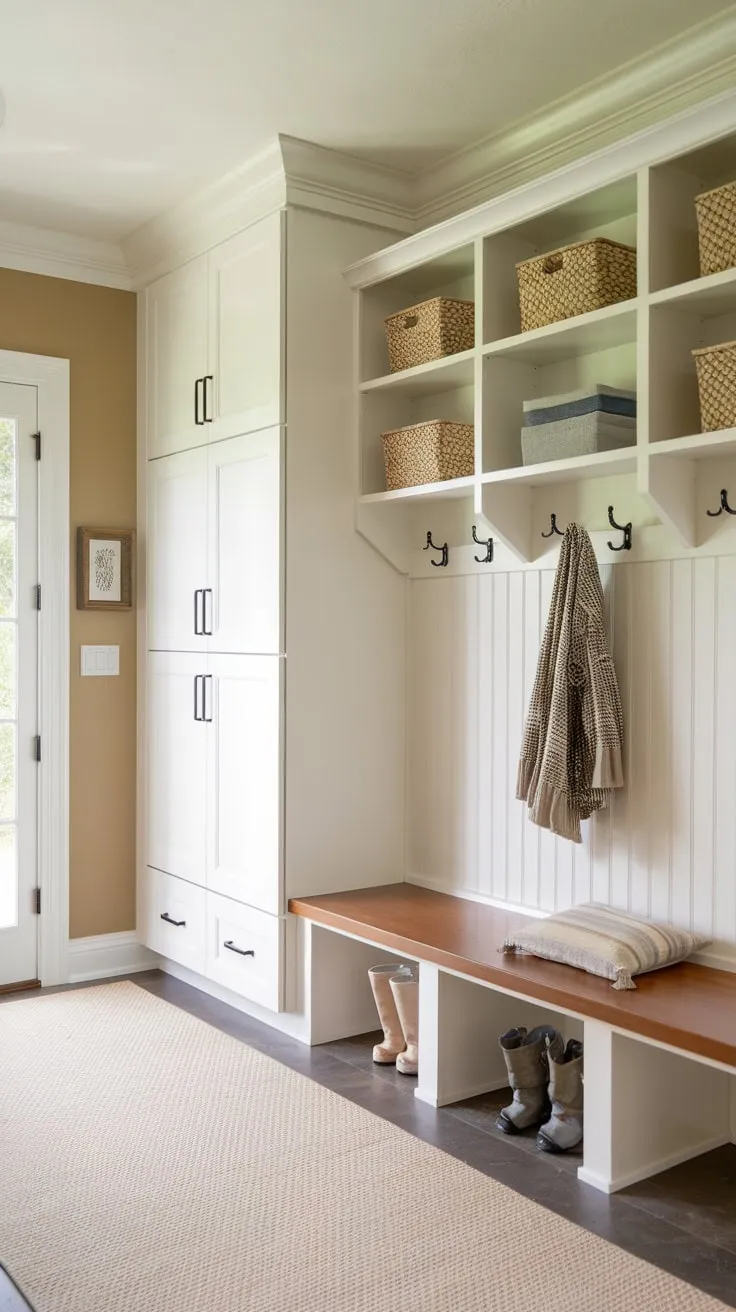 A beige-walled mudroom boasts ample storage—from lockers and cabinets to a built-in pantry—plus a comfy bench and designated drop zone for ultimate organization