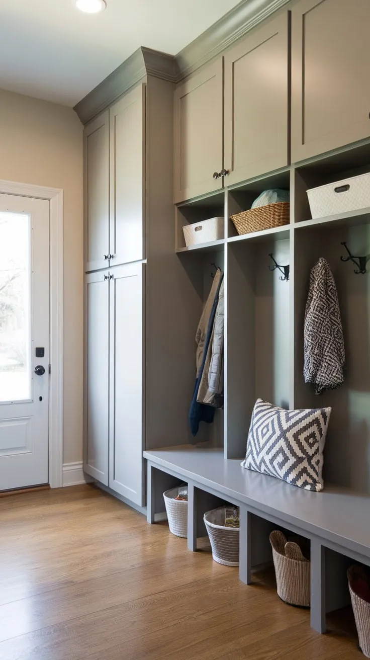 A compact yet functional mudroom pantry unites storage solutions including a bench, lockers, and upper cabinets for ultimate organization in a charming wood-floored space