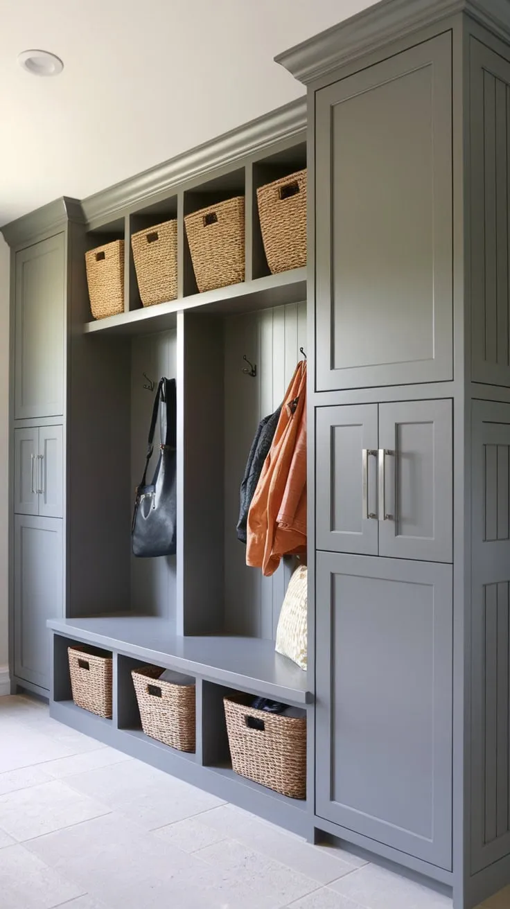 Maximize mudroom functionality with a space-saving combo unit featuring bench storage, lockers, a drop zone, and a pantry.