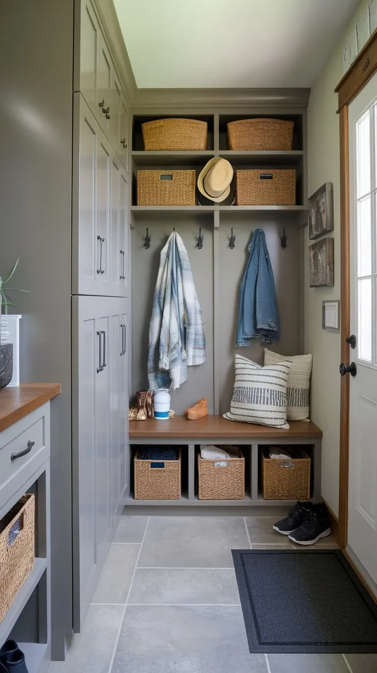 A rustic-charm mudroom boasts clever combo pantry-storage, bench seating, lockers, and a drop zone maximizing space and functionality
