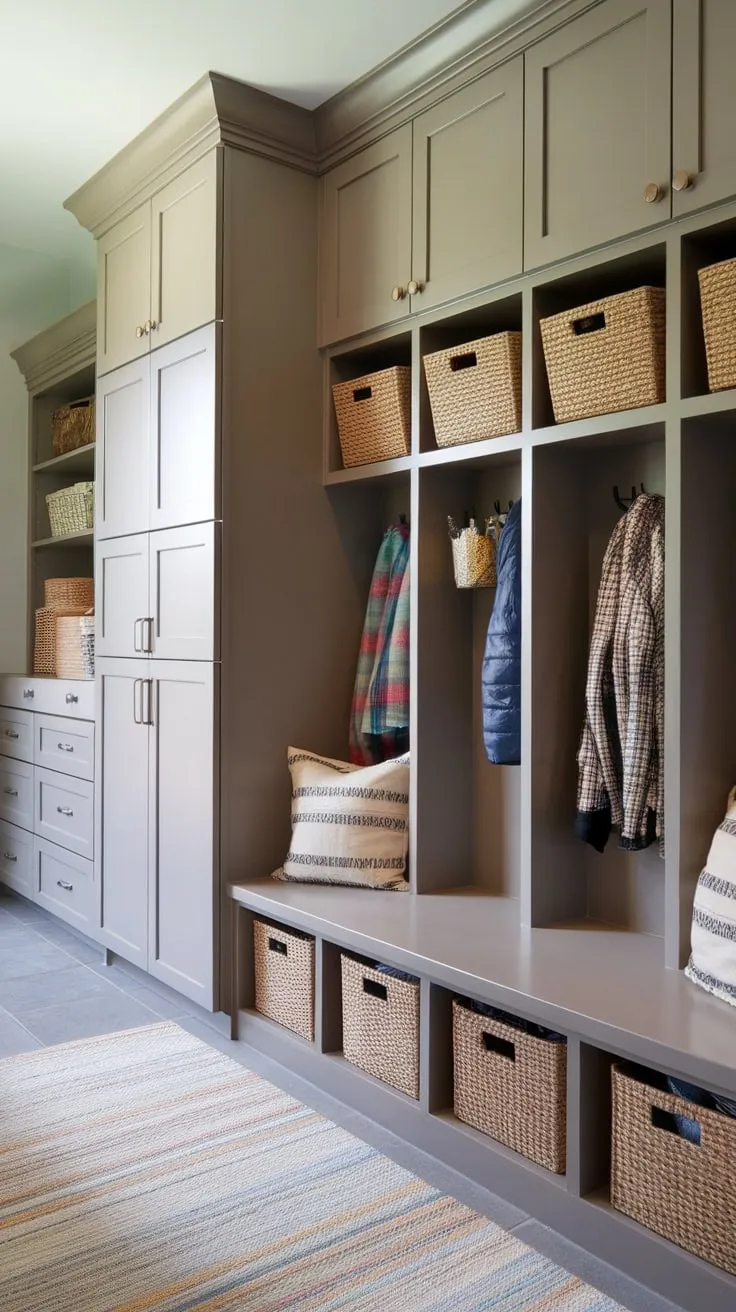 A streamlined mudroom pantry unites family organization with ample storage in a single, efficient space.