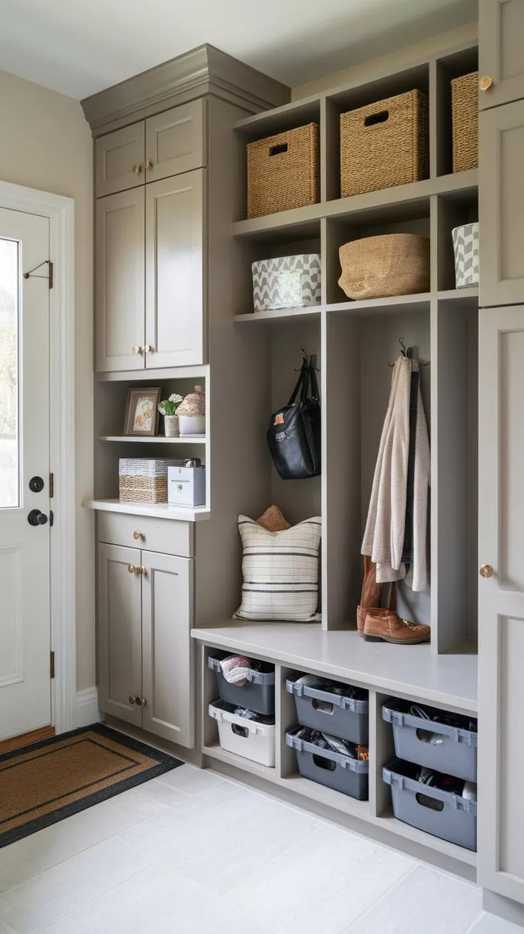 A functional mudroom boasts ample storage, including lockers, cabinets, and a pantry, maximizing organization and minimizing clutter