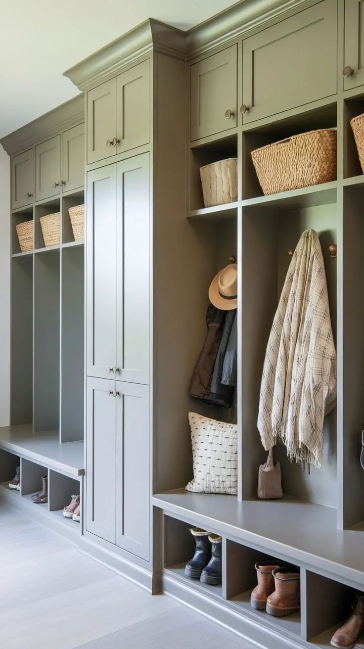 This efficient mudroom boasts ample storage with a pantry, bench, lockers, cabinets, and a convenient drop zone.