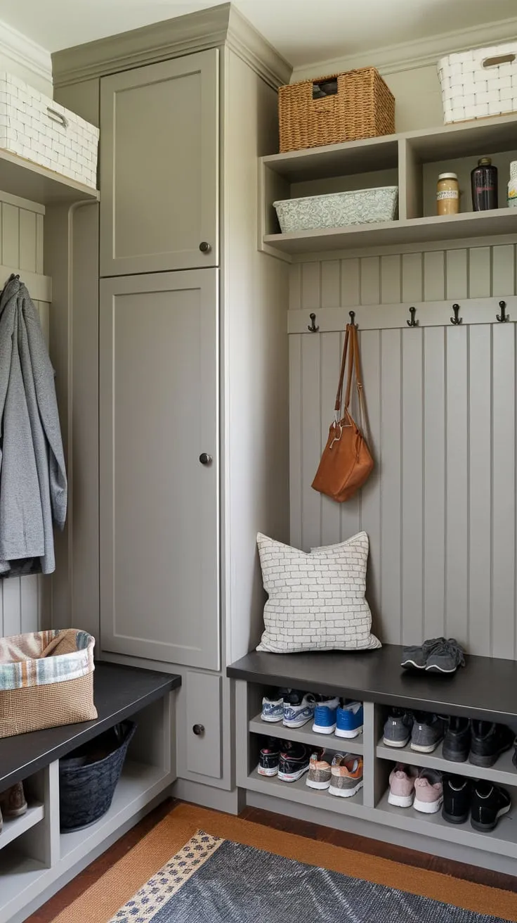 A cleverly designed mudroom pantry unites convenient storage for coats, shoes, and groceries in a compact and functional space.