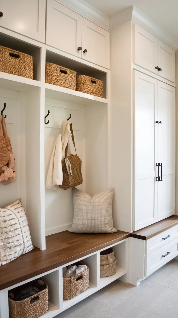 This organized mudroom pantry boasts a bench, lockers, and various cabinets in a clean white and wood design, creating the ultimate functional entryway.