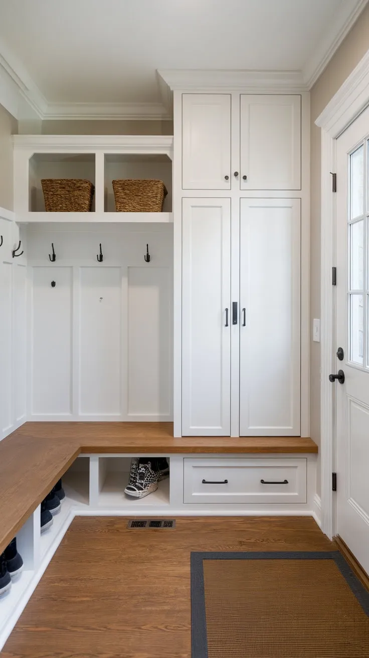 A bright white mudroom boasts built-in lockers, a bench with tall storage, and a convenient pantry-drop zone combo for ultimate organization