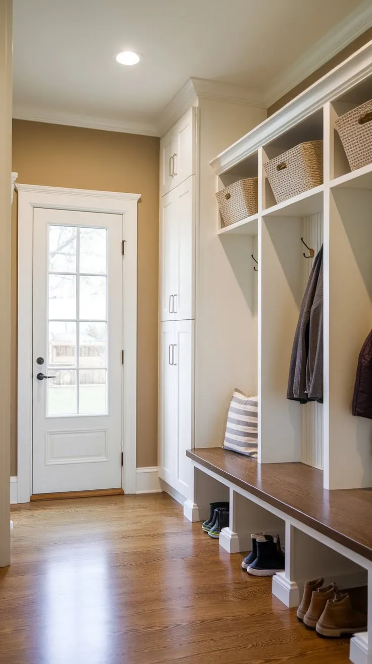 A bright, organized small mudroom boasts a bench, lockers, tall cabinet, and ample storage for coats, shoes, and supplies.