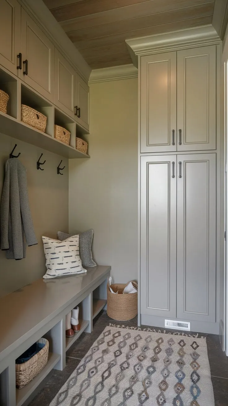 Maximize small-space organization with a mudroom pantry combo featuring bench seating, lockers, and ample storage.