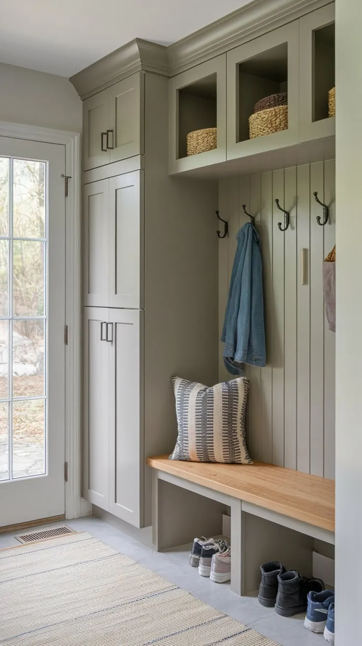 Maximize small-space functionality with a mudroom pantry combo featuring bench seating, lockers, and ample storage for shoes and gear