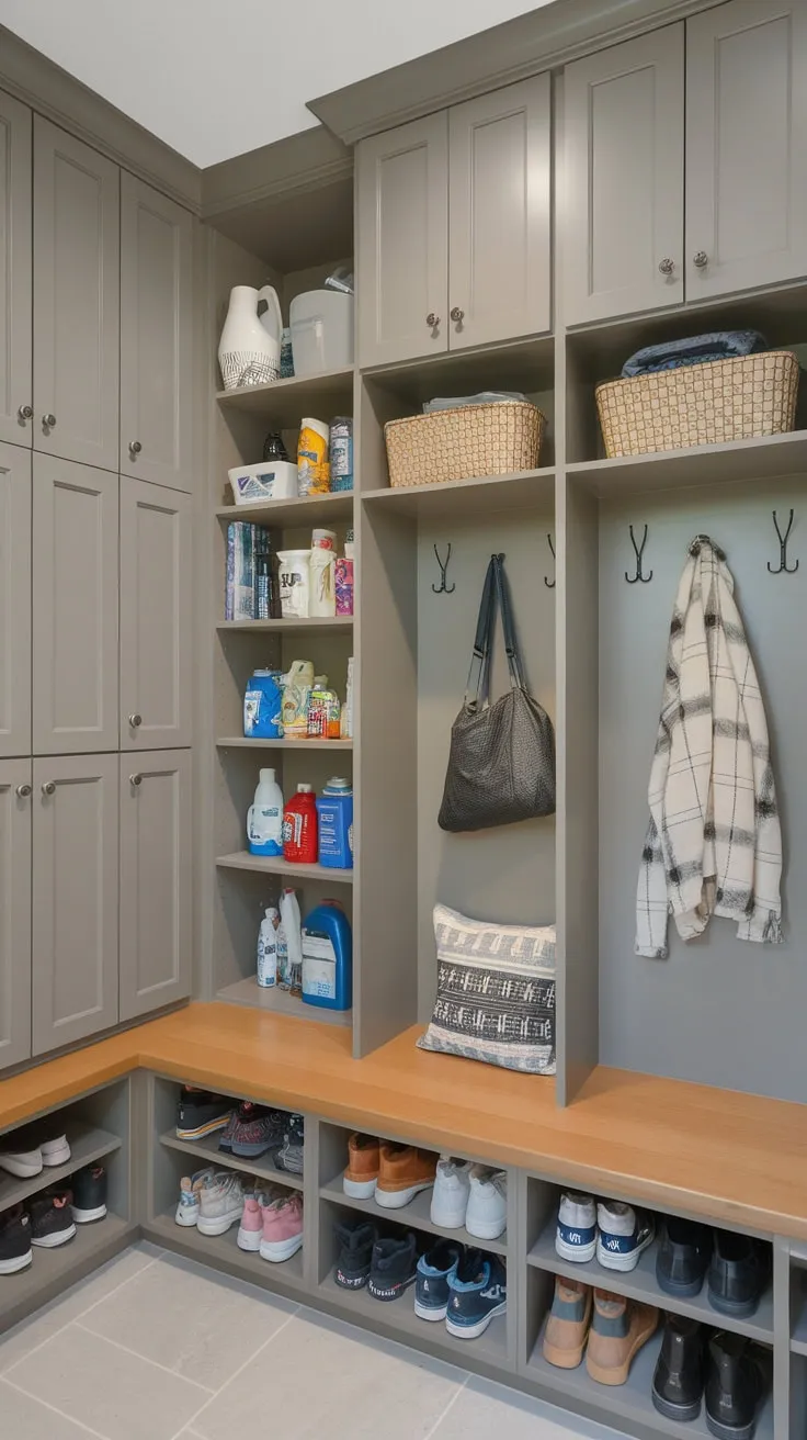 This functional mudroom boasts ample storage including lockers, a pantry, and a drop zone, maximizing organization and convenience.