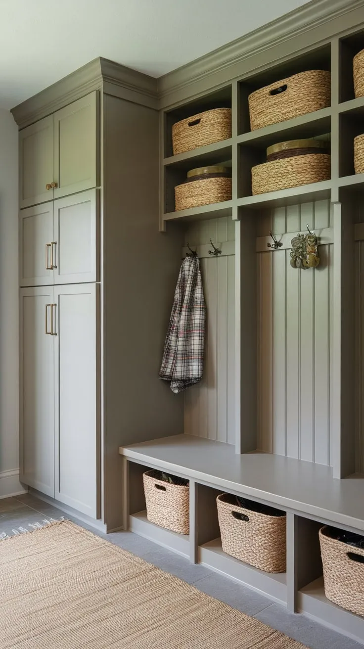 A functional mudroom boasts built-in pantry storage, lockers, and a bench with shelving, maximizing organization and space