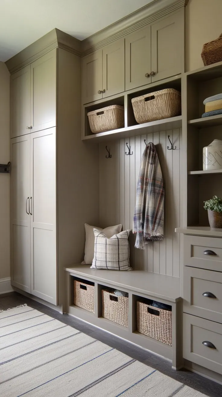 A compact mudroom pantry cleverly combines storage solutions like a bench, lockers, and cabinets for streamlined entryway functionality.