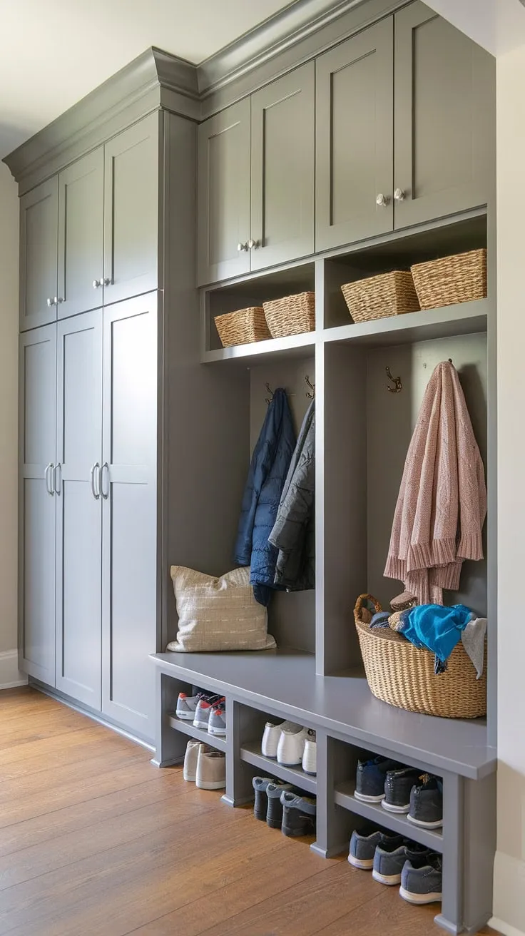 Dreamy mudroom storage solutions don't get much better than this.  The mudroom with bench provides a practical spot to kick off shoes, while the mudroom lockers and small mudroom cabinets keep coats and accessories organized.  The integrated pantry adds a touch of unexpected convenience to this stunning mudroom design, showcasing the perfect blend of form and function with a dedicated drop zone and tall mudroom cabinet.