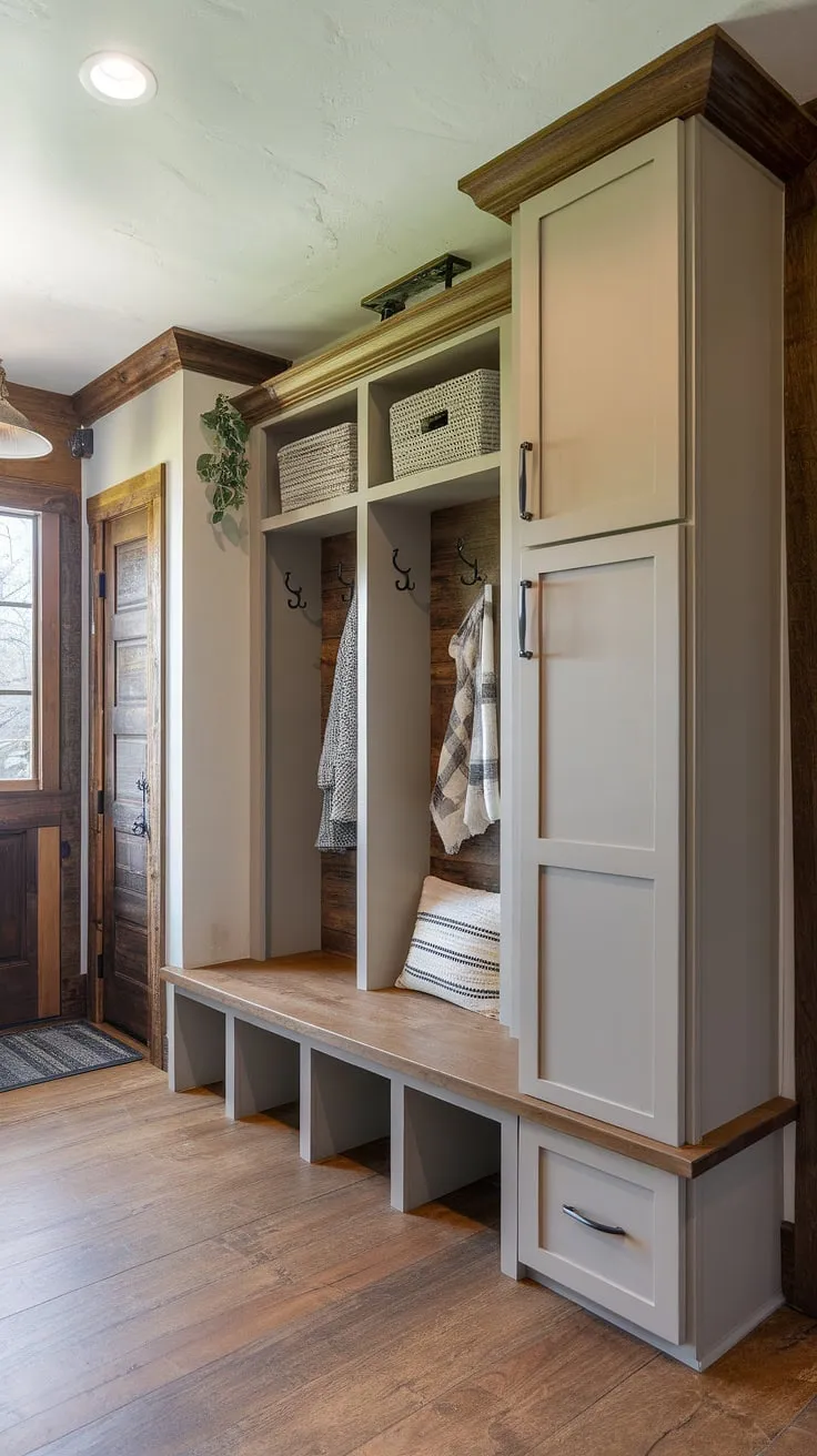Organized chaos?  Not in this mudroom!  This mudroom with bench features a smart mudroom storage solution, incorporating a mudroom pantry combo, mudroom lockers, and a variety of closet cabinets—from small mudroom cabinets to a tall mudroom cabinet.  The dedicated drop zone and mudroom bench make coming and going a breeze, showcasing a mudroom design that's both beautiful and practical.