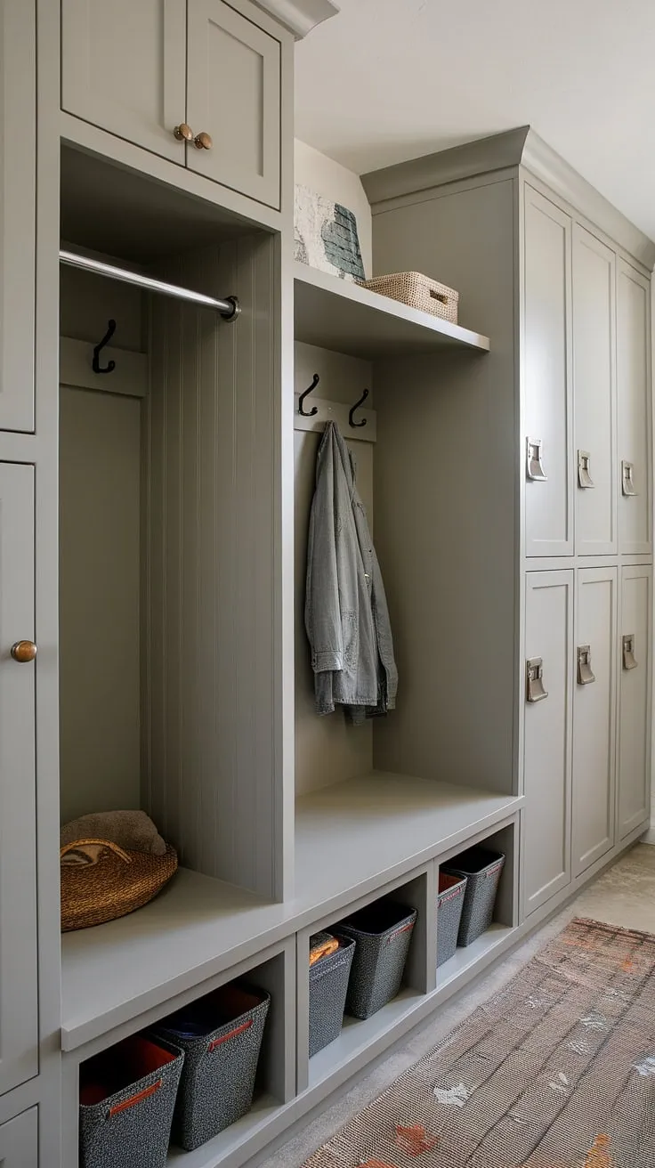 This mudroom pantry combo maximizes space with clever mudroom storage solutions.  The tall mudroom cabinet, mudroom bench with storage bins, and mudroom lockers create the ultimate drop zone, proving that even small mudroom cabinets can make a big impact on organization.  This mudroom design is the perfect blend of style and functionality.
