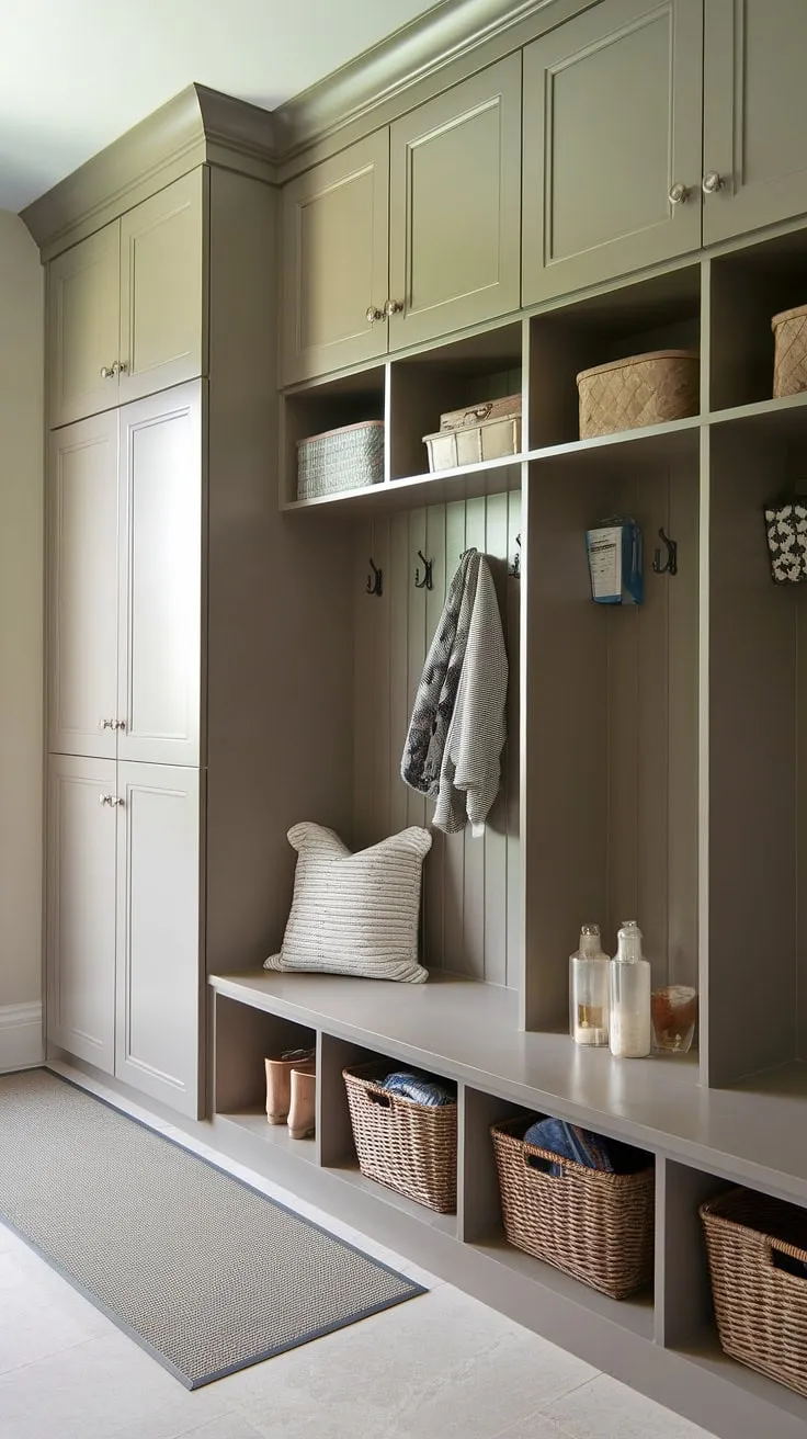 This mudroom design is the epitome of efficient space planning.  The mudroom pantry combo seamlessly integrates mudroom storage with a dedicated drop zone.  Note the practical mudroom bench, mudroom lockers, small mudroom cabinets, and a tall mudroom cabinet—all working together to keep things tidy.  The closet cabinets add extra storage, making this mudroom with bench the heart of organized home entry.